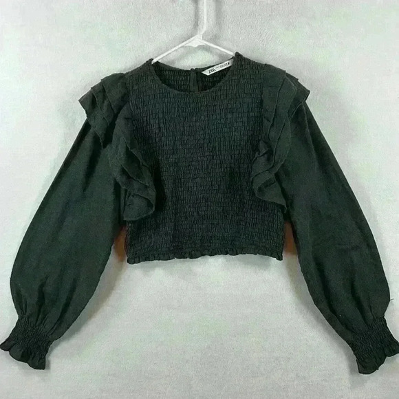 Zara Crop Shirred Elastic Top Size Medium Gray Long Sleeves Ruffled Caps - Picture 1 of 11